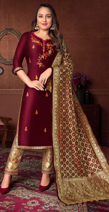 Women Bemberg Silk Fabric with Heavy Handwork and Jacquard Lace semi stitched salwar set