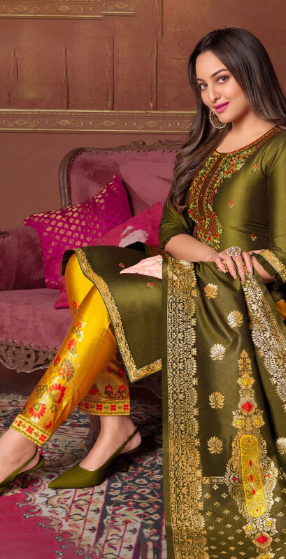 Women Bemberg Silk Fabric with Heavy Handwork and Jacquard Lace semi stitched salwar set