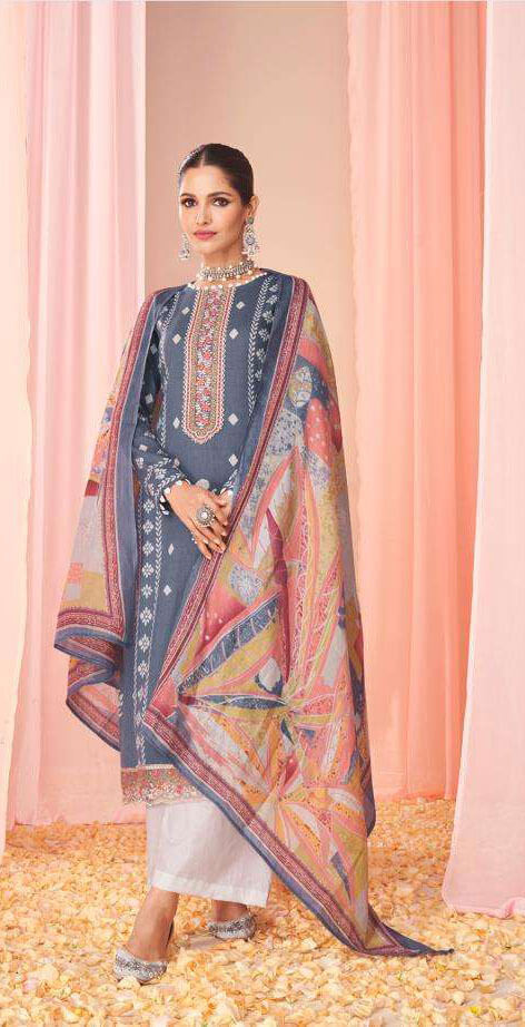 Women pure lawn cotton digital print with heavy neck & daman embroidered unstitched salwar set