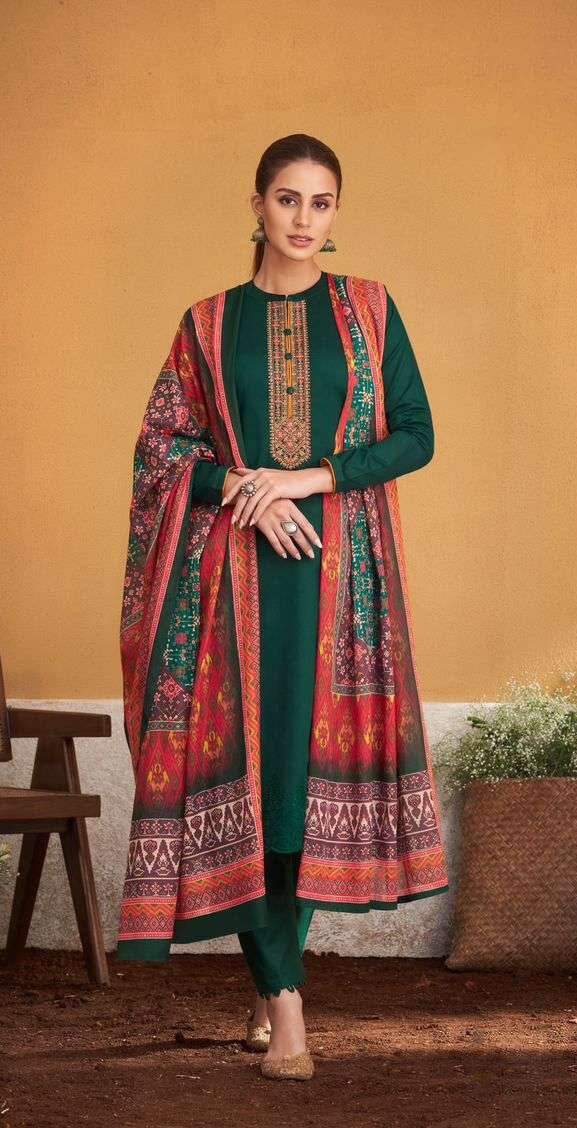 Women pure jam satin with heavy neck embroidered unstitched salwar set with shifli borror work in daman