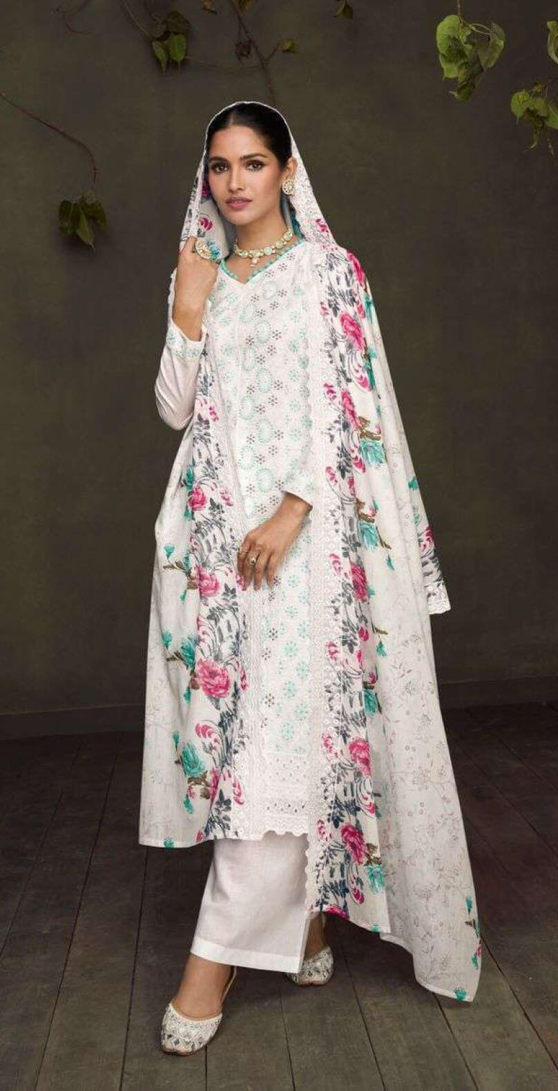 Women pure lawn with full lucknowi embroidery & shifli+fancy work in daman unstitched salwar set