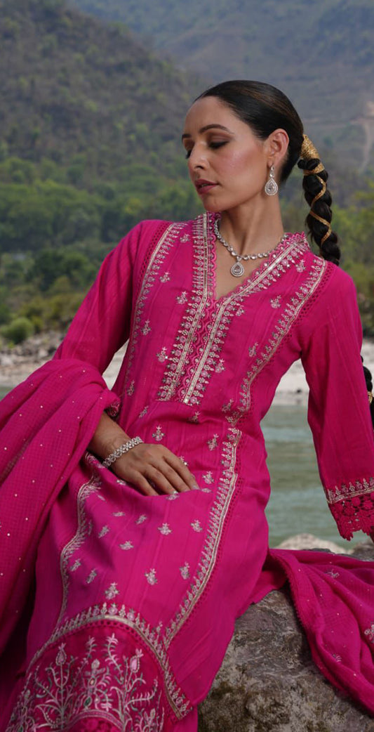 Rani pink cotton embroidered salwar set