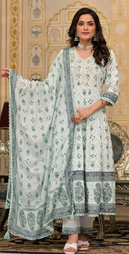 Pastel turquoise cotton printed and embroidered semi anarkali set