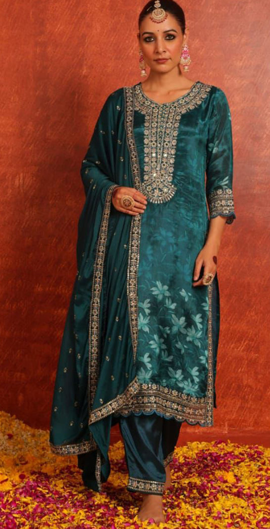 Teal blue Chinon embroidered salwar set