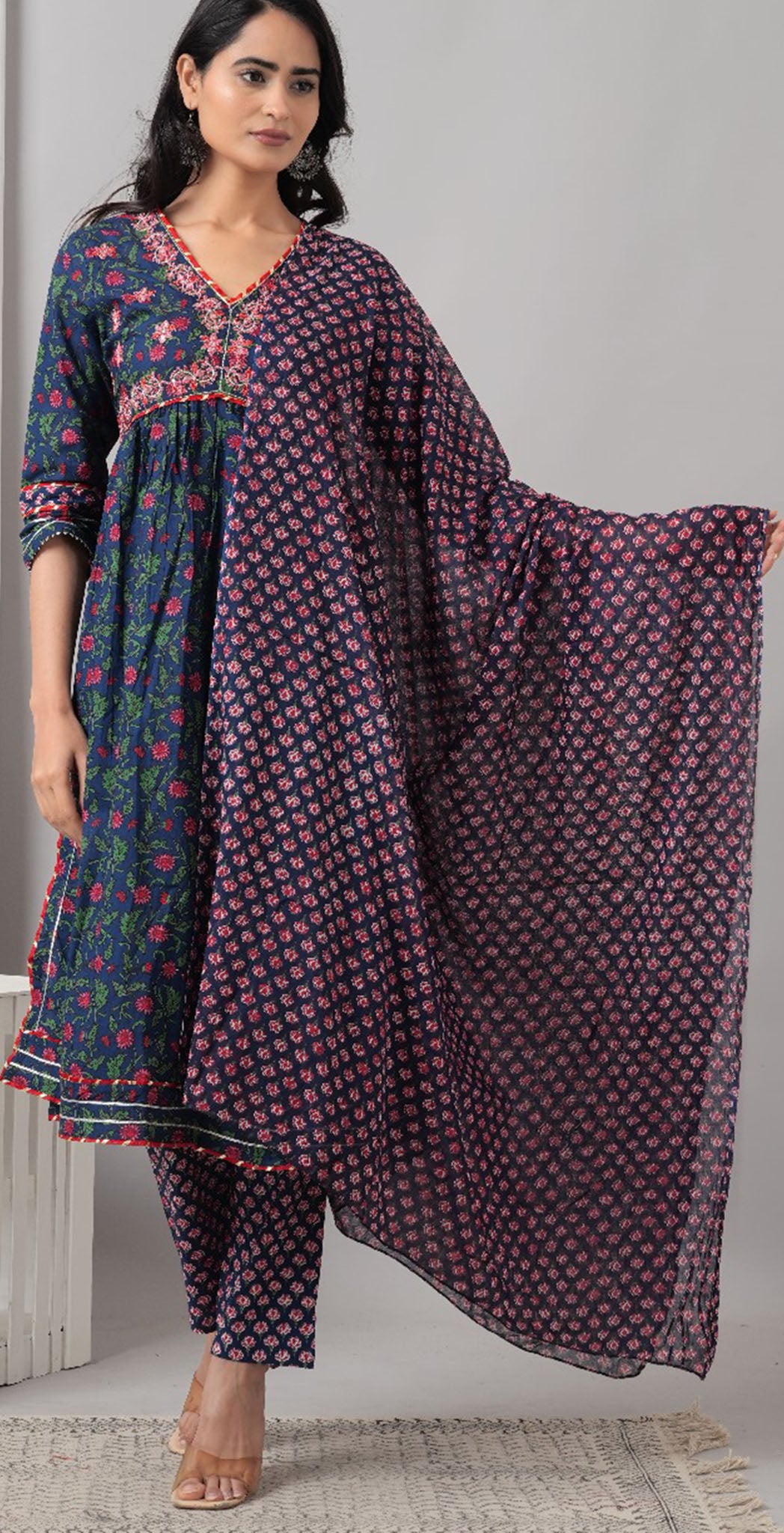 Navy cotton printed Alia cut salwar suit