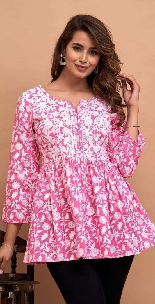 Pink cotton printed and embroidered Kurti