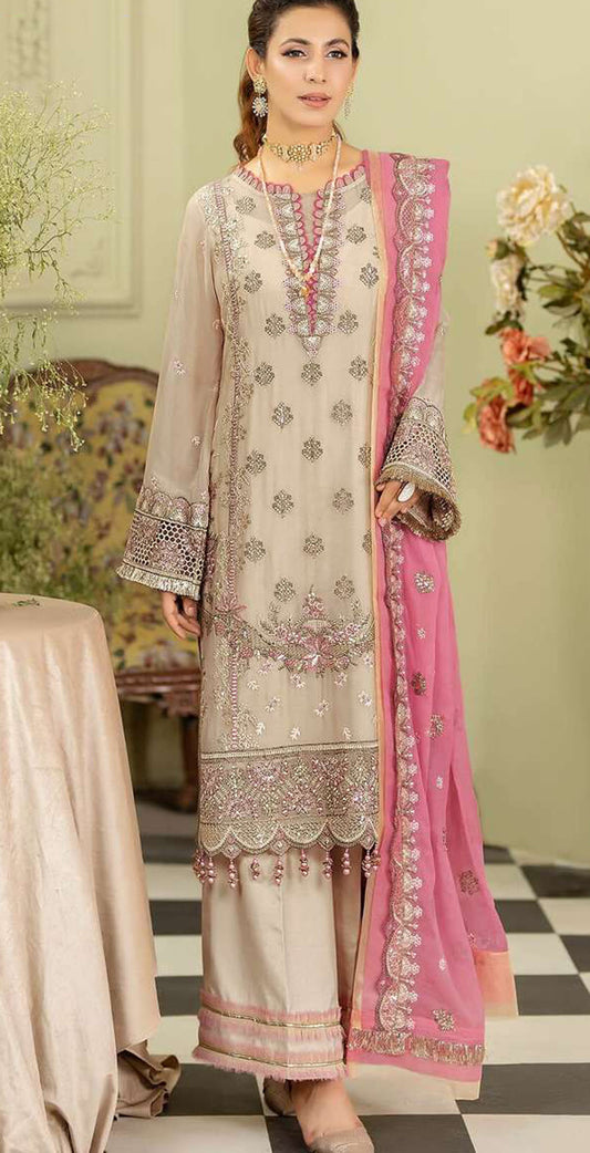 Beige georgette embroidered dress material