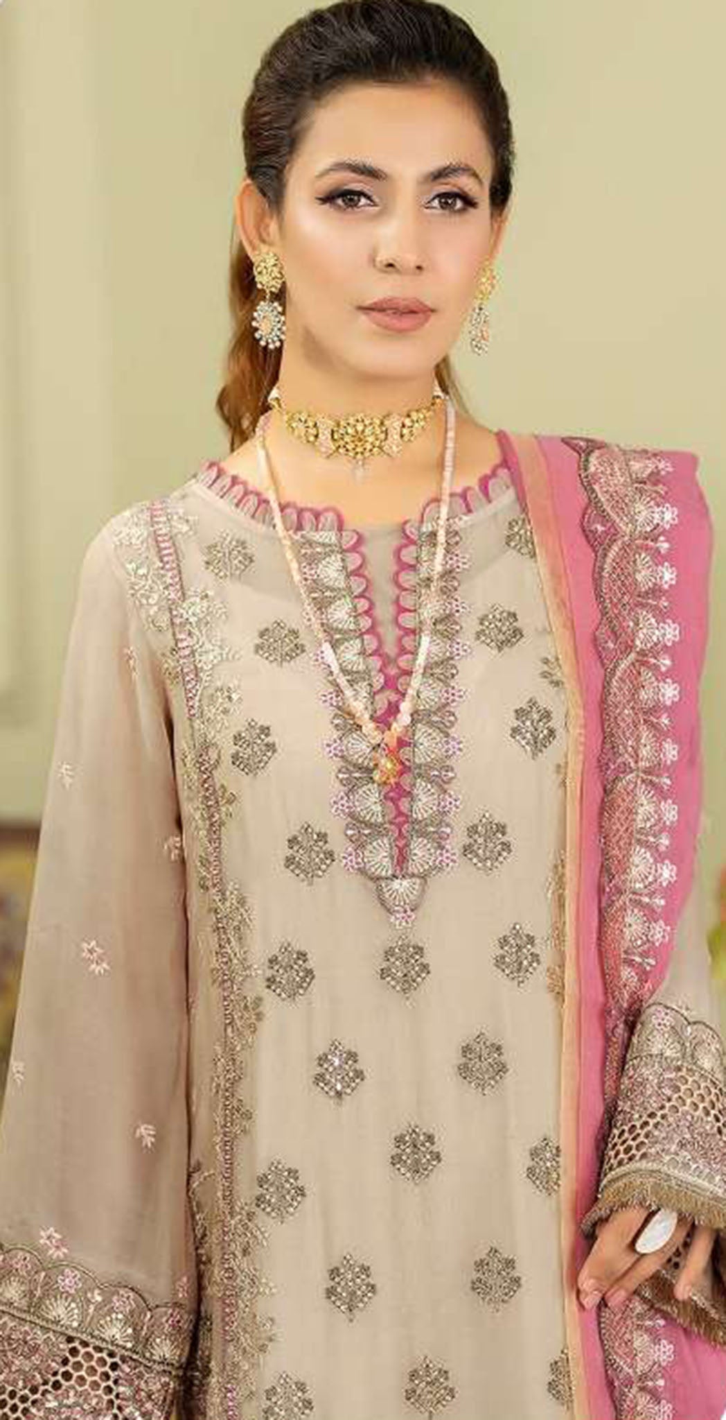 Beige georgette embroidered dress material