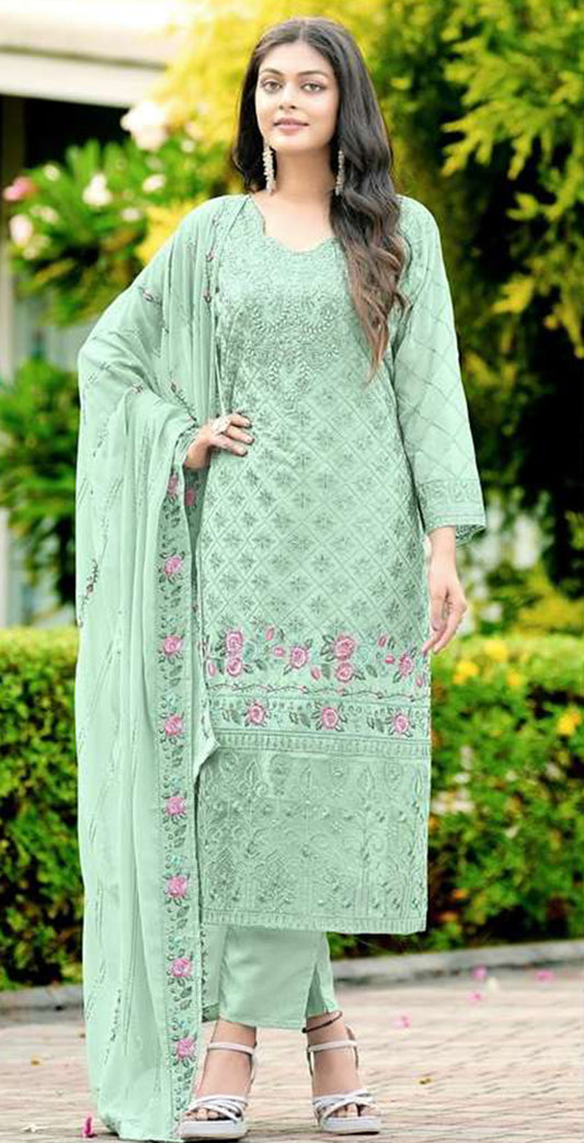 Mint green georgette embroidered dress material