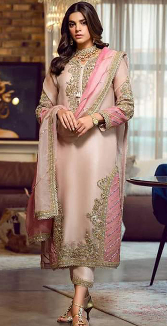 Pink georgette embroidered dress material