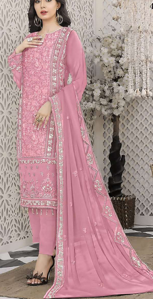 Pink georgette embroidered dress material