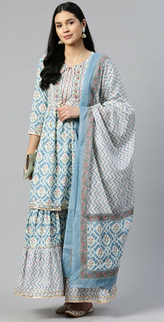 Women printed blue and white cotton fully stitched sharara