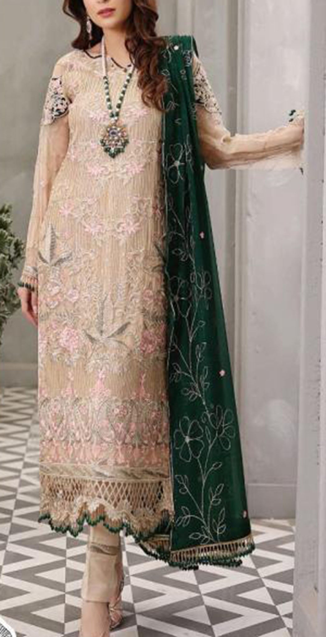 Camel georgette embroidered dress material