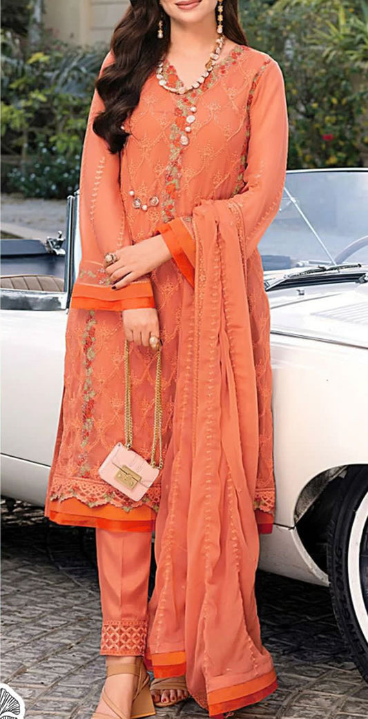 Orange georgette embroidered dress material