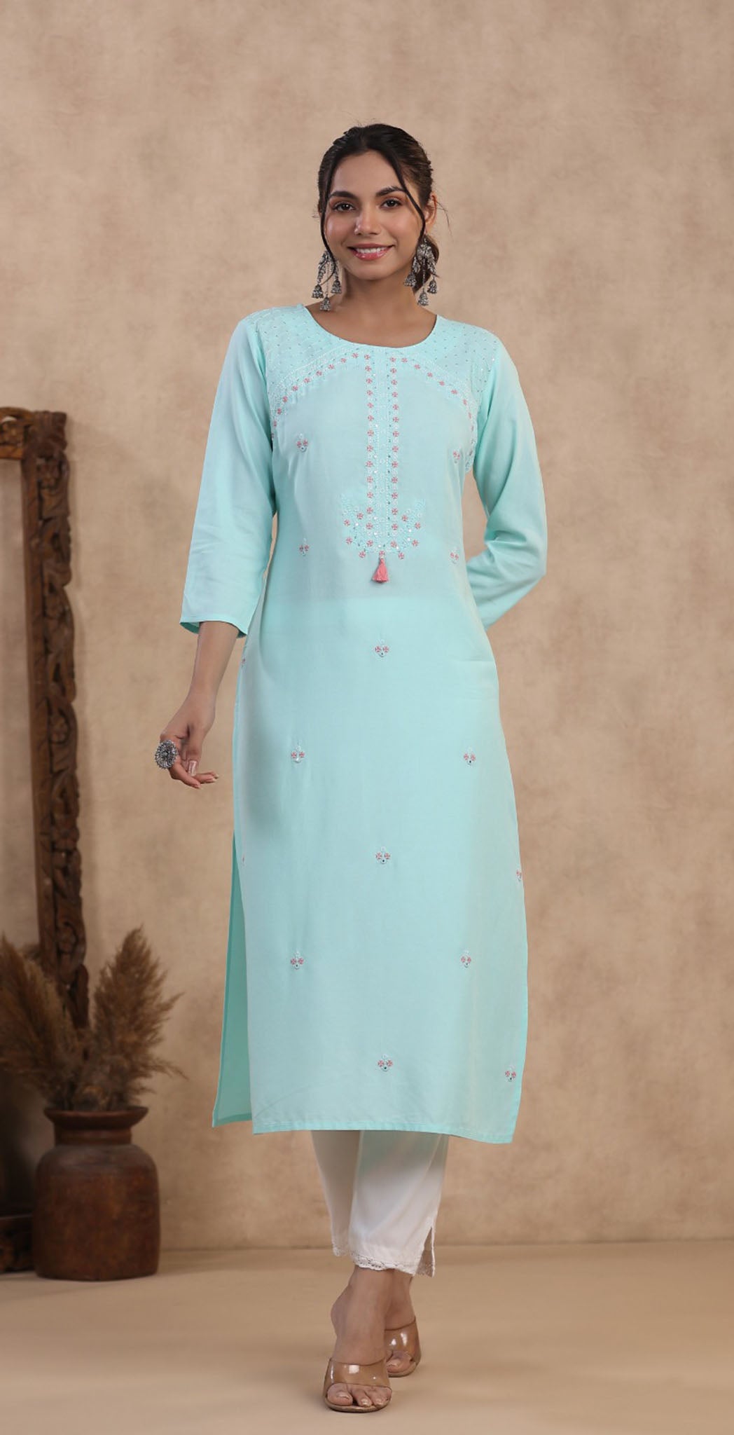 Aqua blue rayon embroidered Kurta