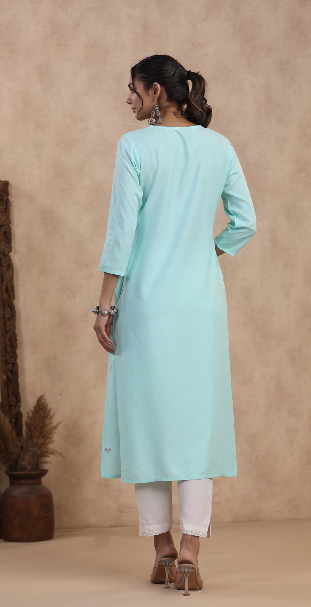 Aqua blue rayon embroidered Kurta