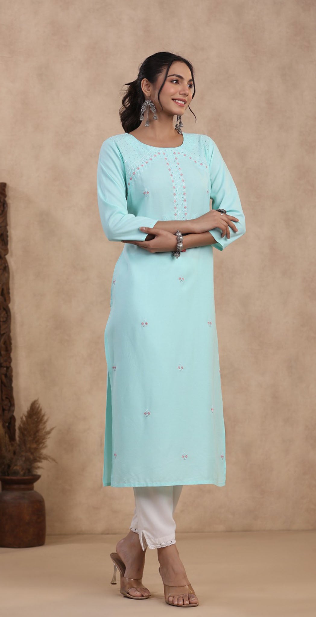 Aqua blue rayon embroidered Kurta