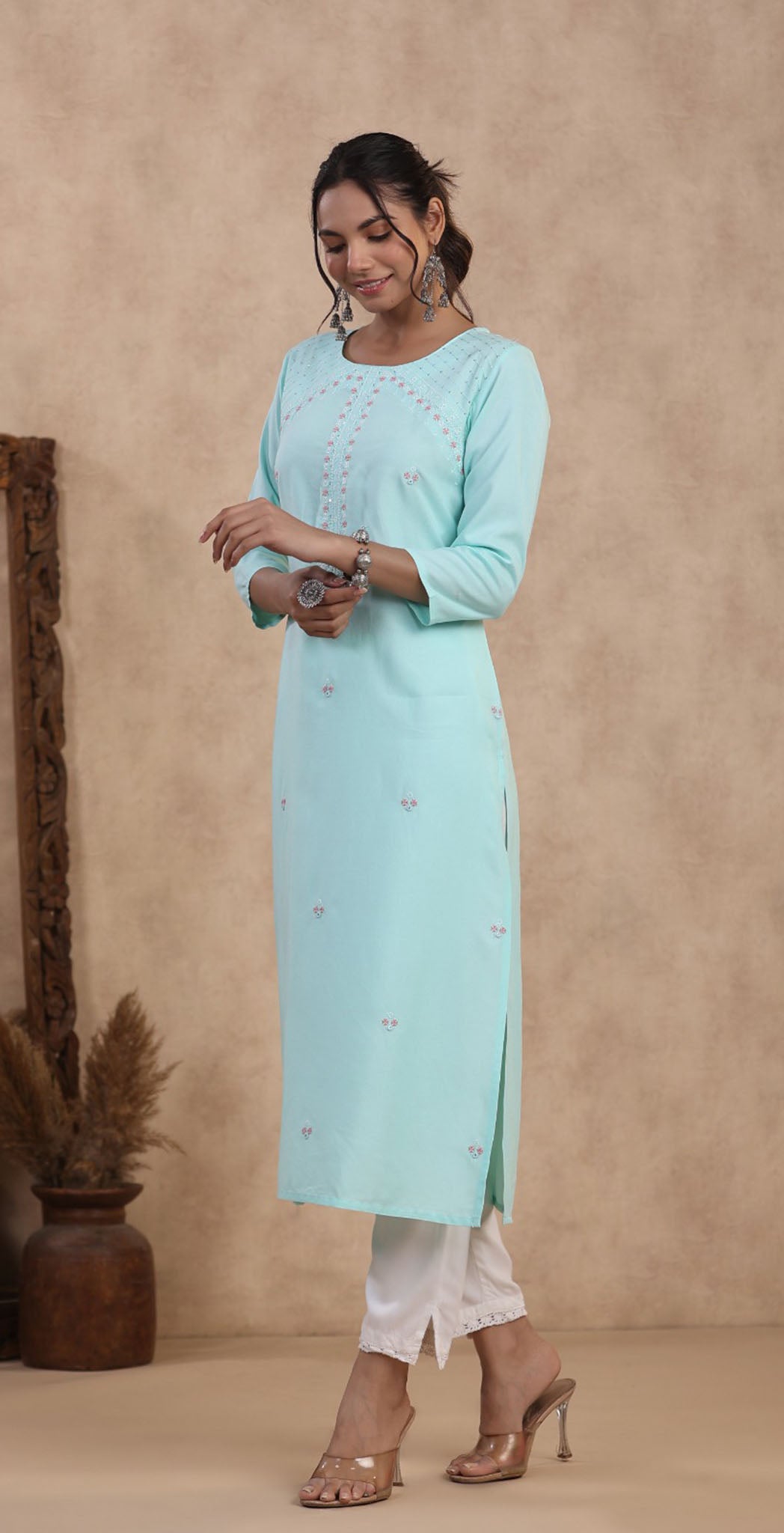 Aqua blue rayon embroidered Kurta