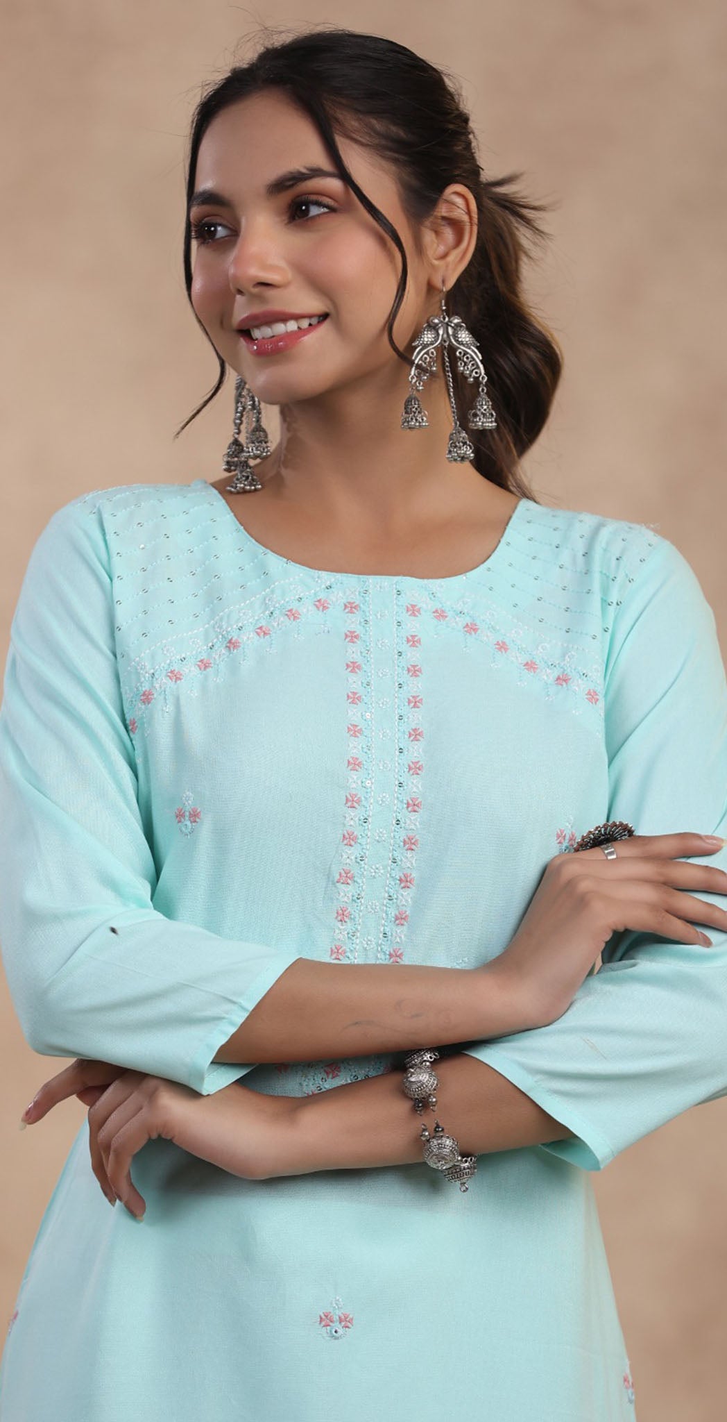 Aqua blue rayon embroidered Kurta