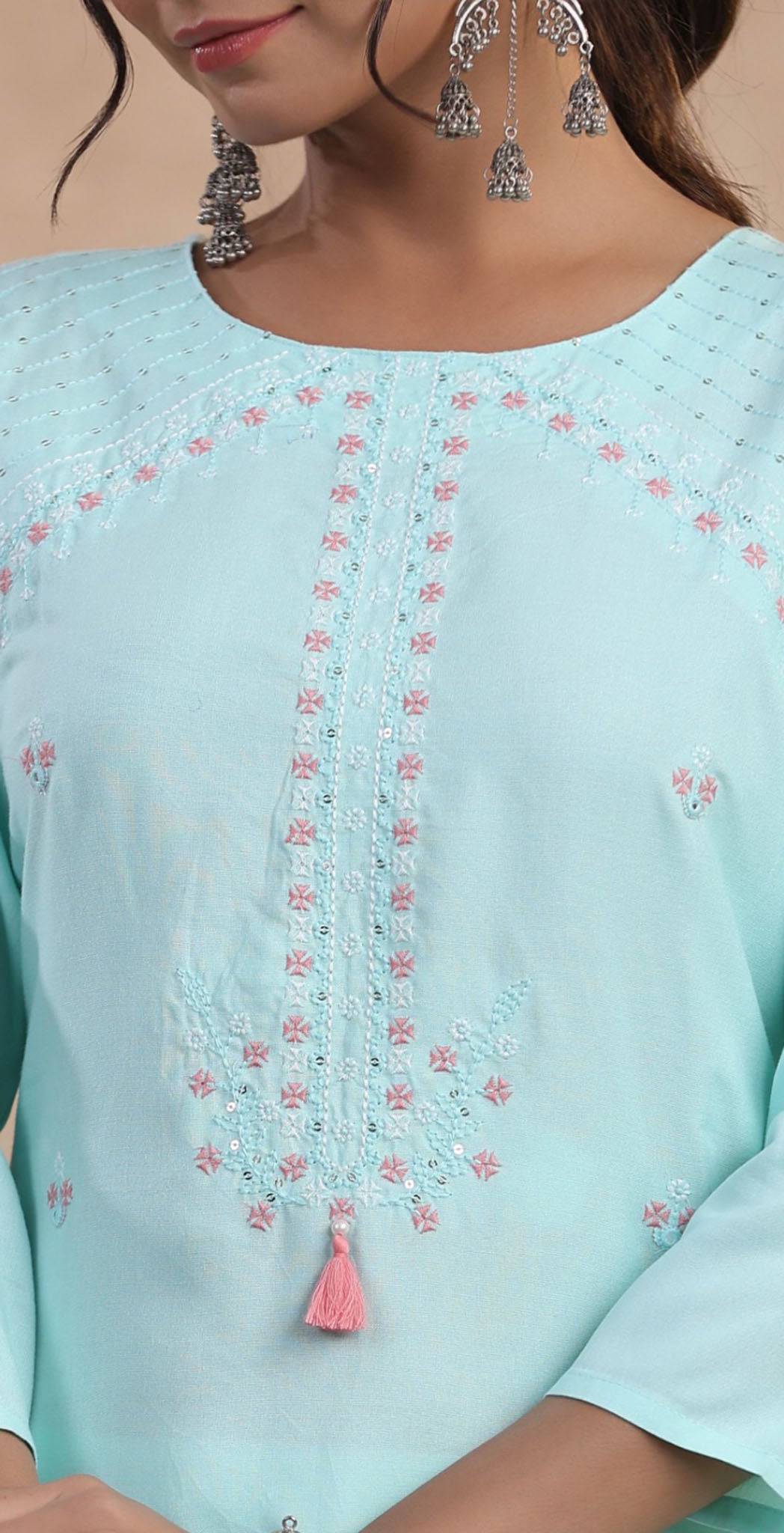 Aqua blue rayon embroidered Kurta