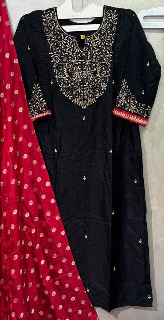 Black dola silk hand embroidered salwar set