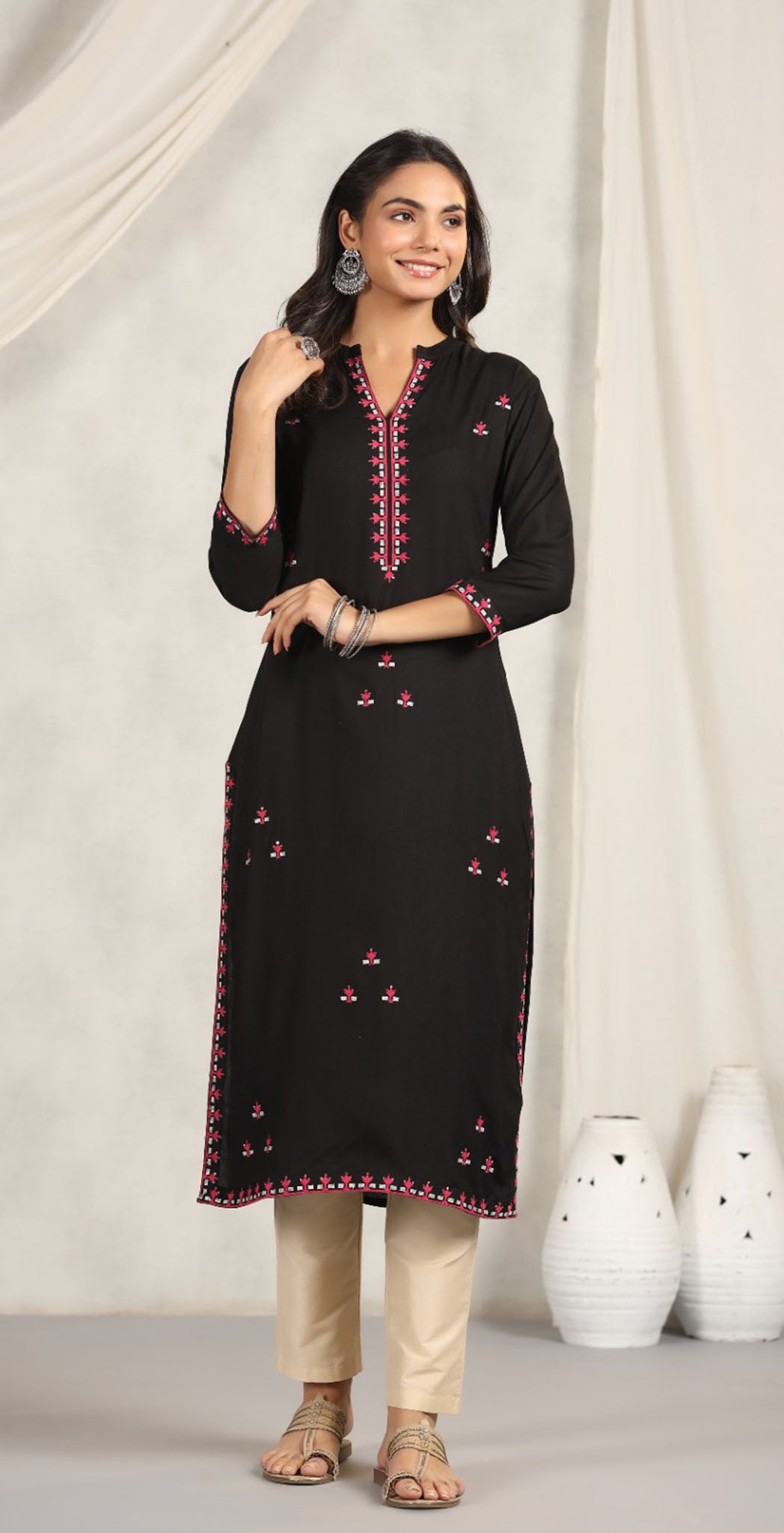 Black rayon embroidered Kurta