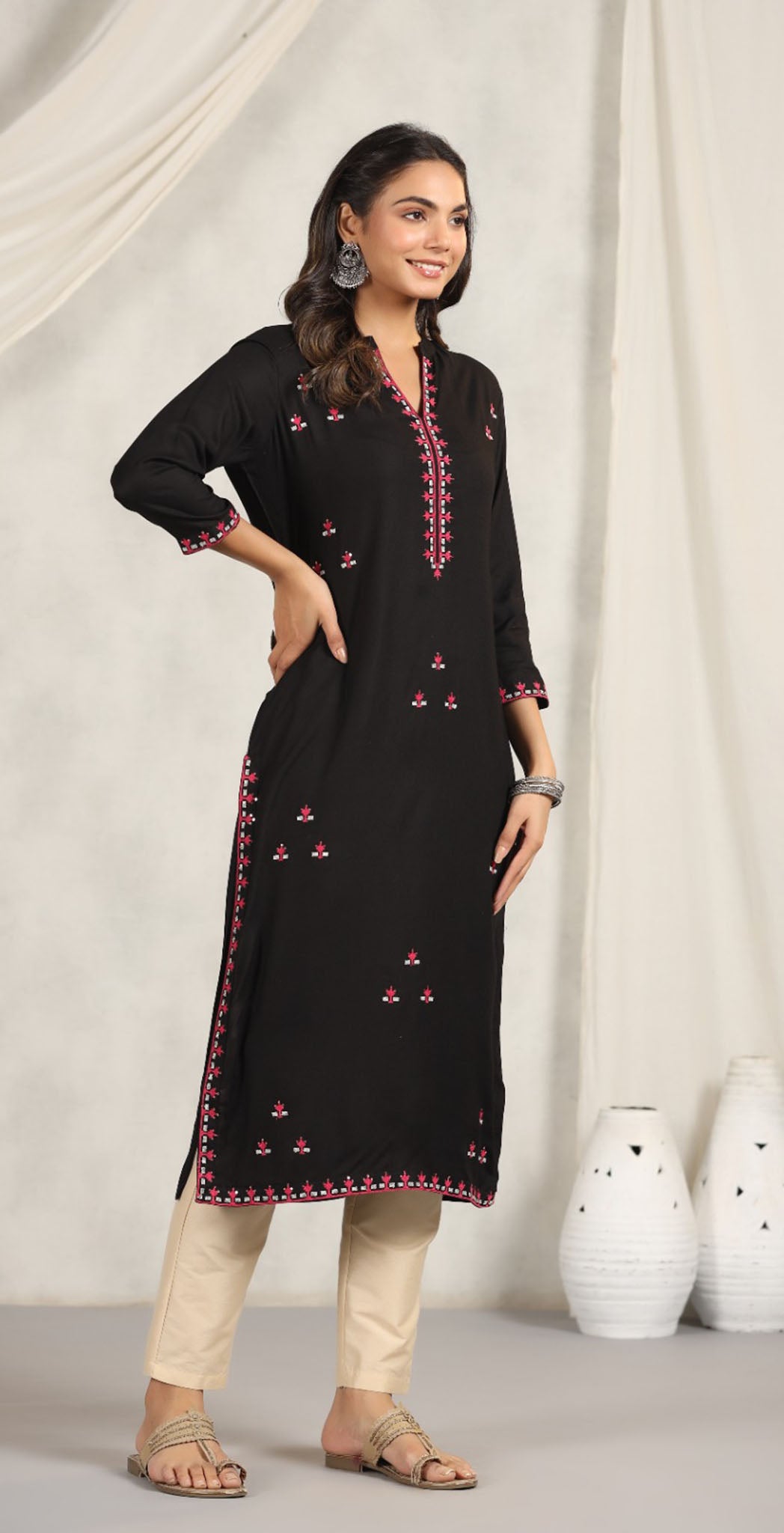 Black rayon embroidered Kurta