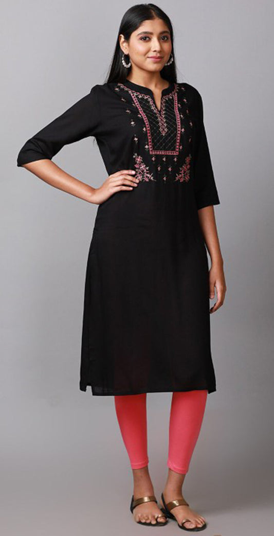 Black rayon pink embroidered Kurta