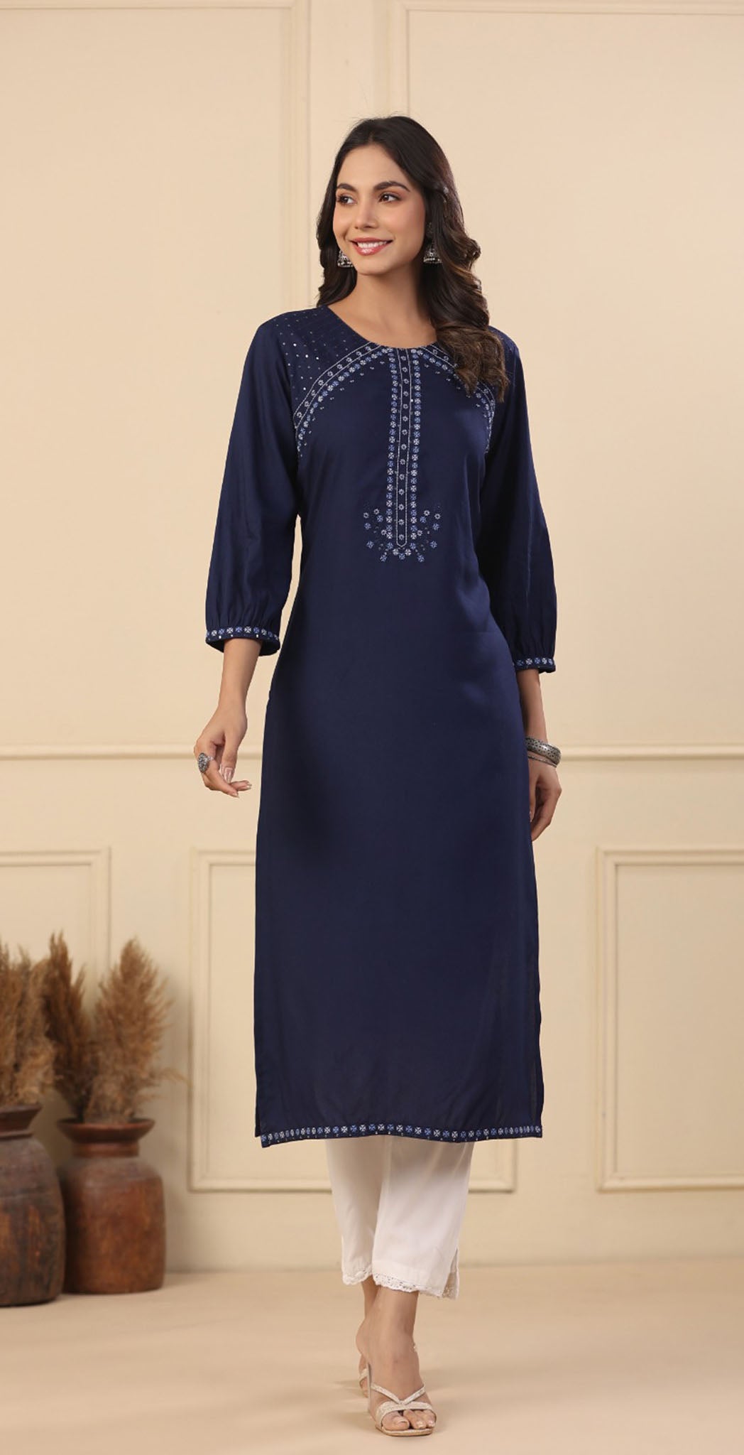 Navy rayon embroidered Kurta