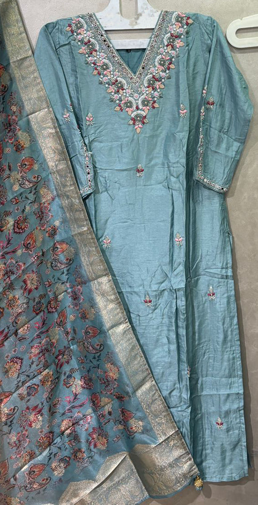 Powder blue dola silk hand embroidered salwar set