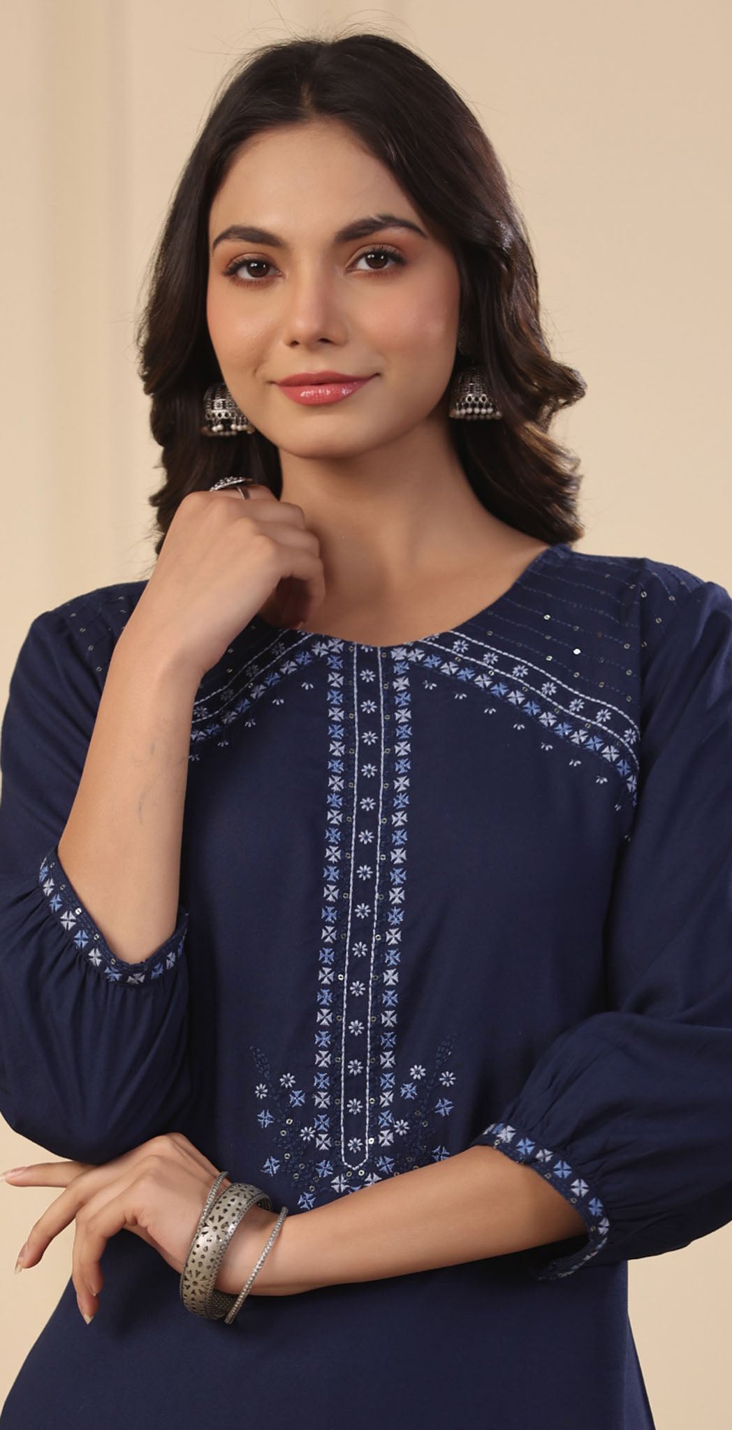 Navy rayon embroidered Kurta