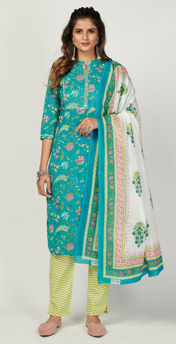 Women cotton blue and green printed and embrodiered salwar set