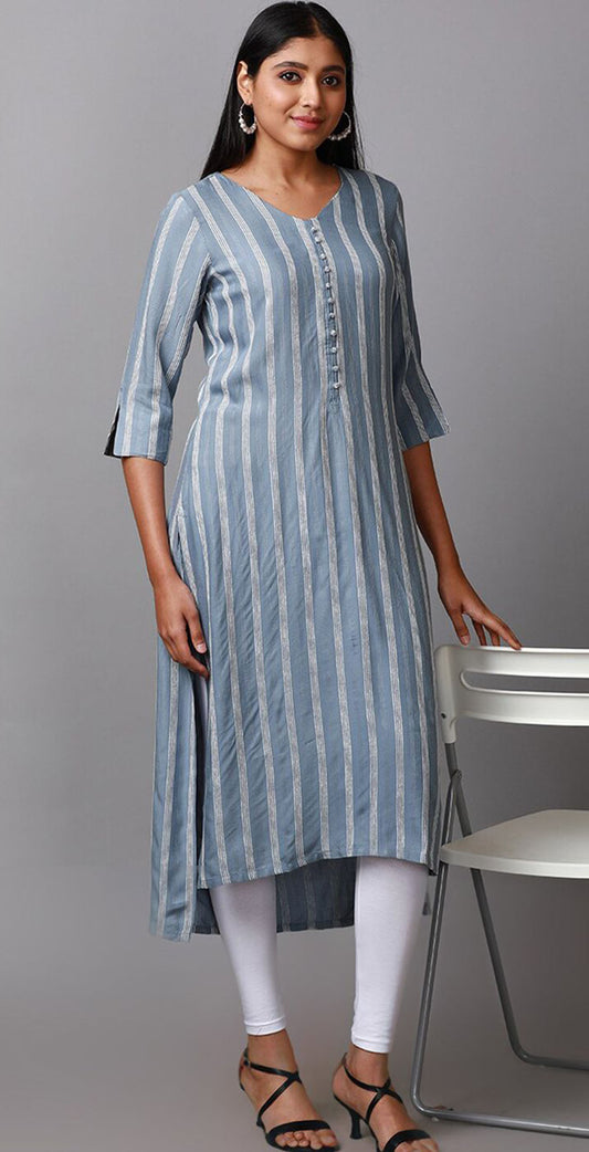 Blue and white stripes rayon high-low Kurta