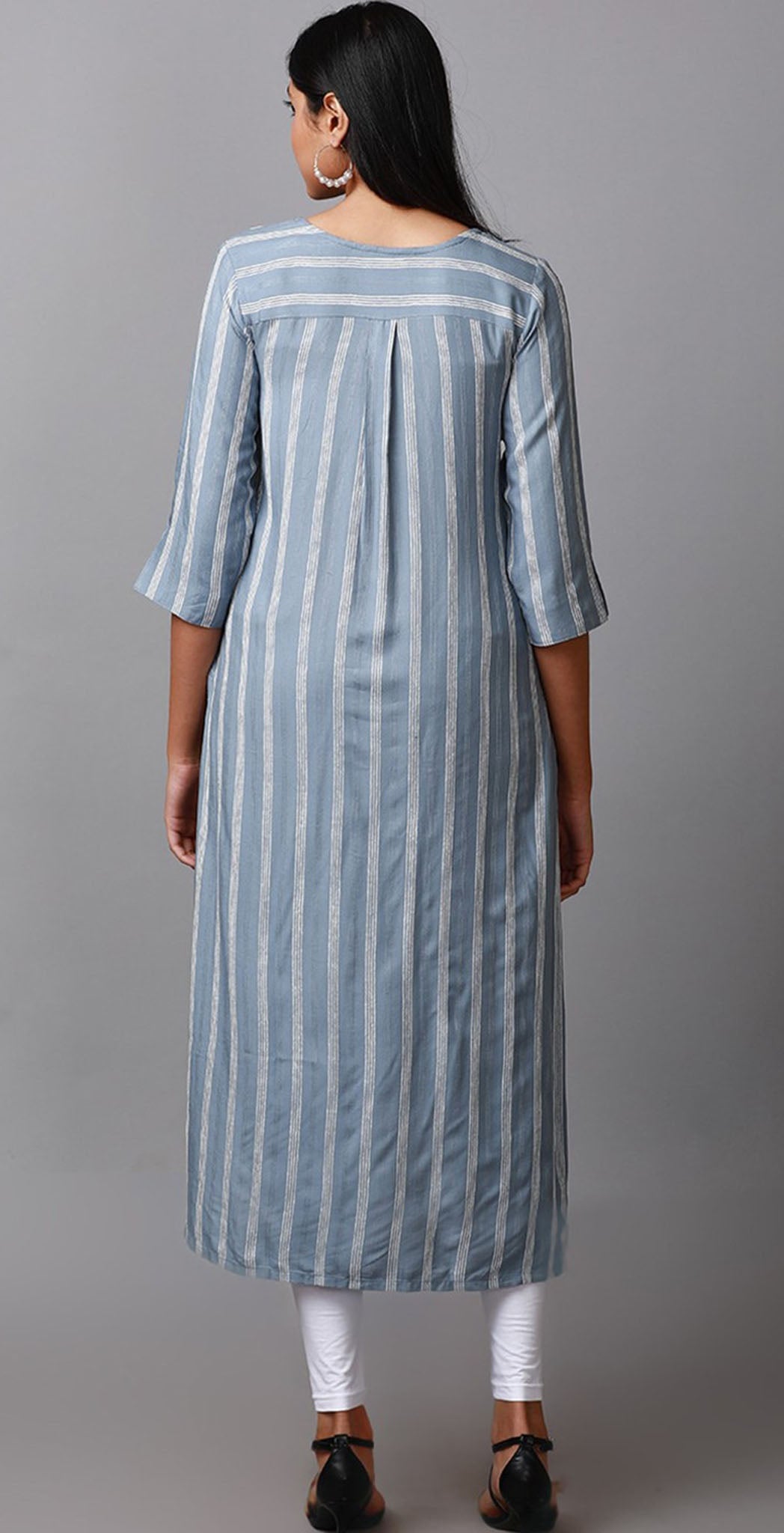 Blue and white stripes rayon high-low Kurta