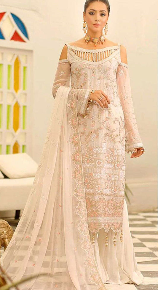 Off white georgette embroidered dress material