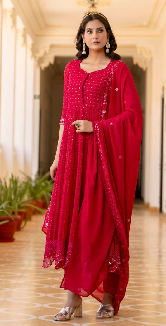 Fushia pink georgette embroidered anarkali set