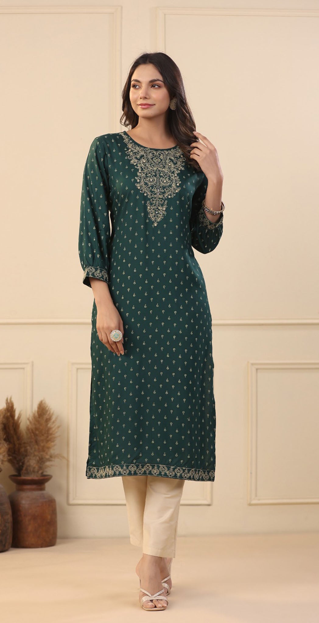 Green rayon printed Kurta