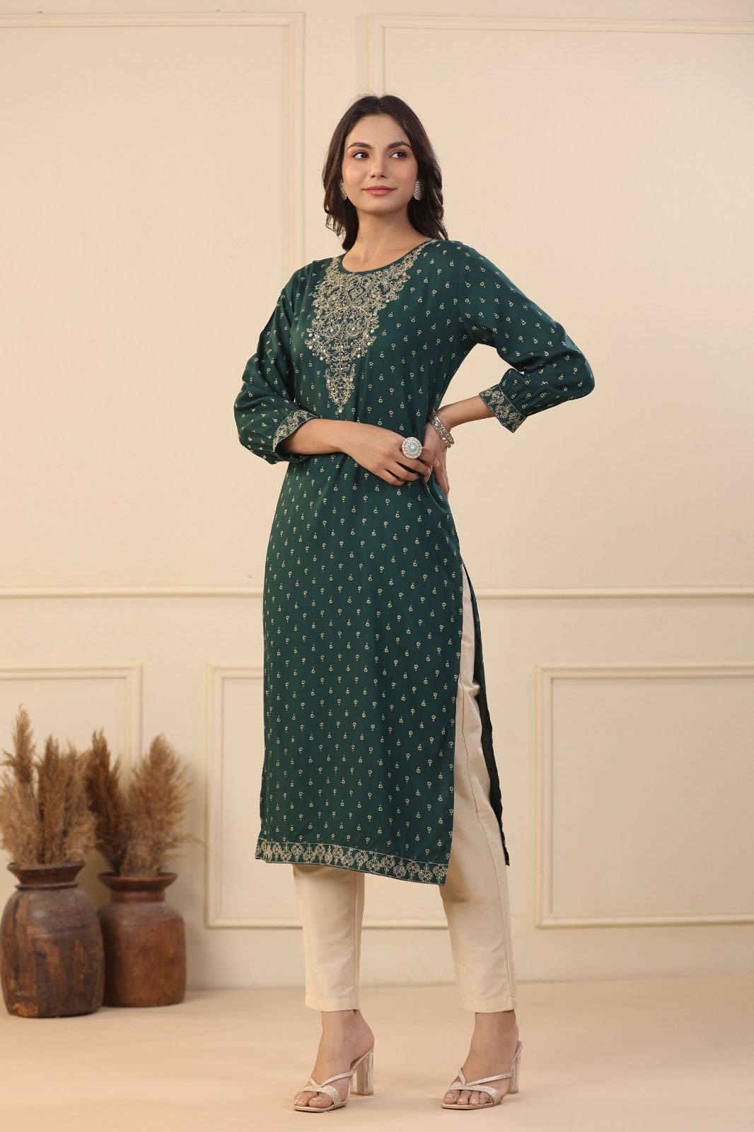 Green rayon printed Kurta