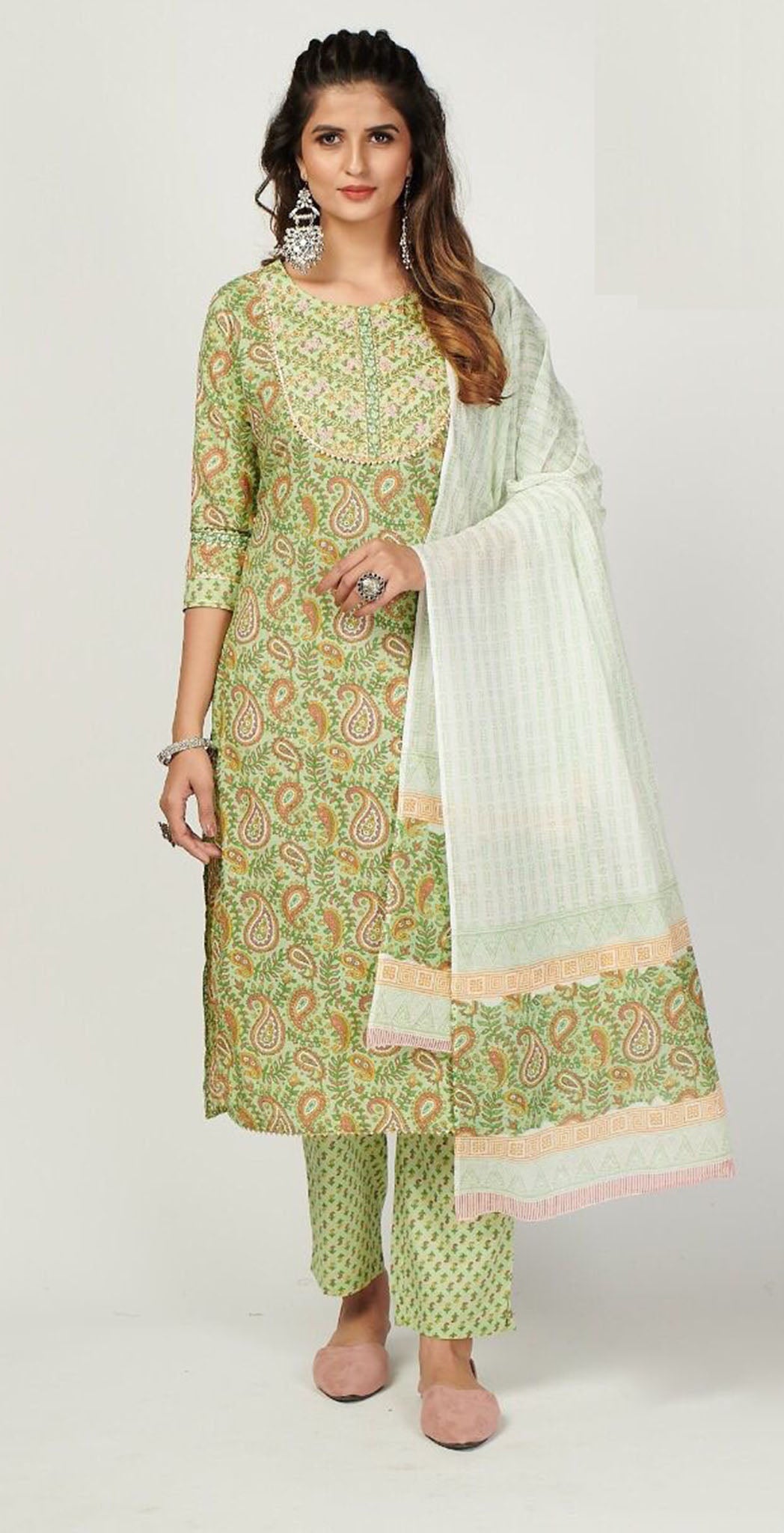 cotton light green printed and embroidered salwar set