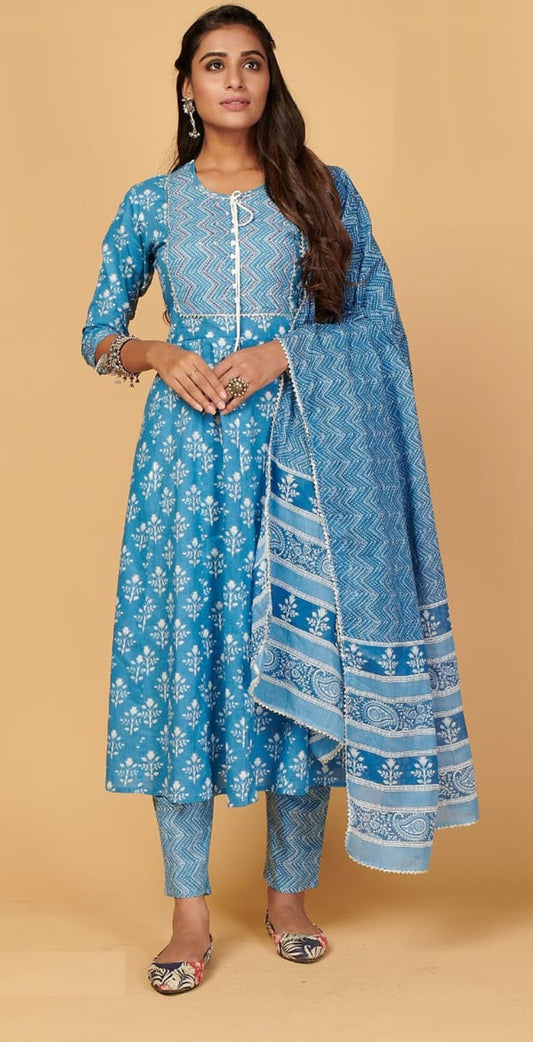 cotton blue printed and embroidered salwar set