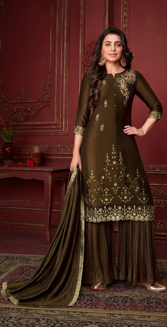 Women silk embroidered and handwork fully stitched  salwar set