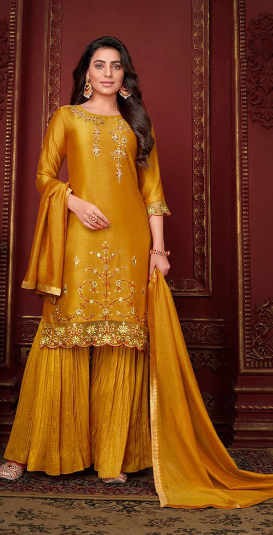 Women silk embroidered and handwork fully stitched  salwar set