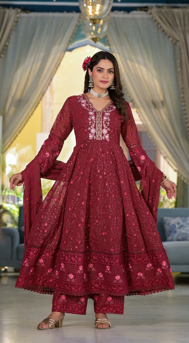 Vintage maroon georgette embroidered anarkali set