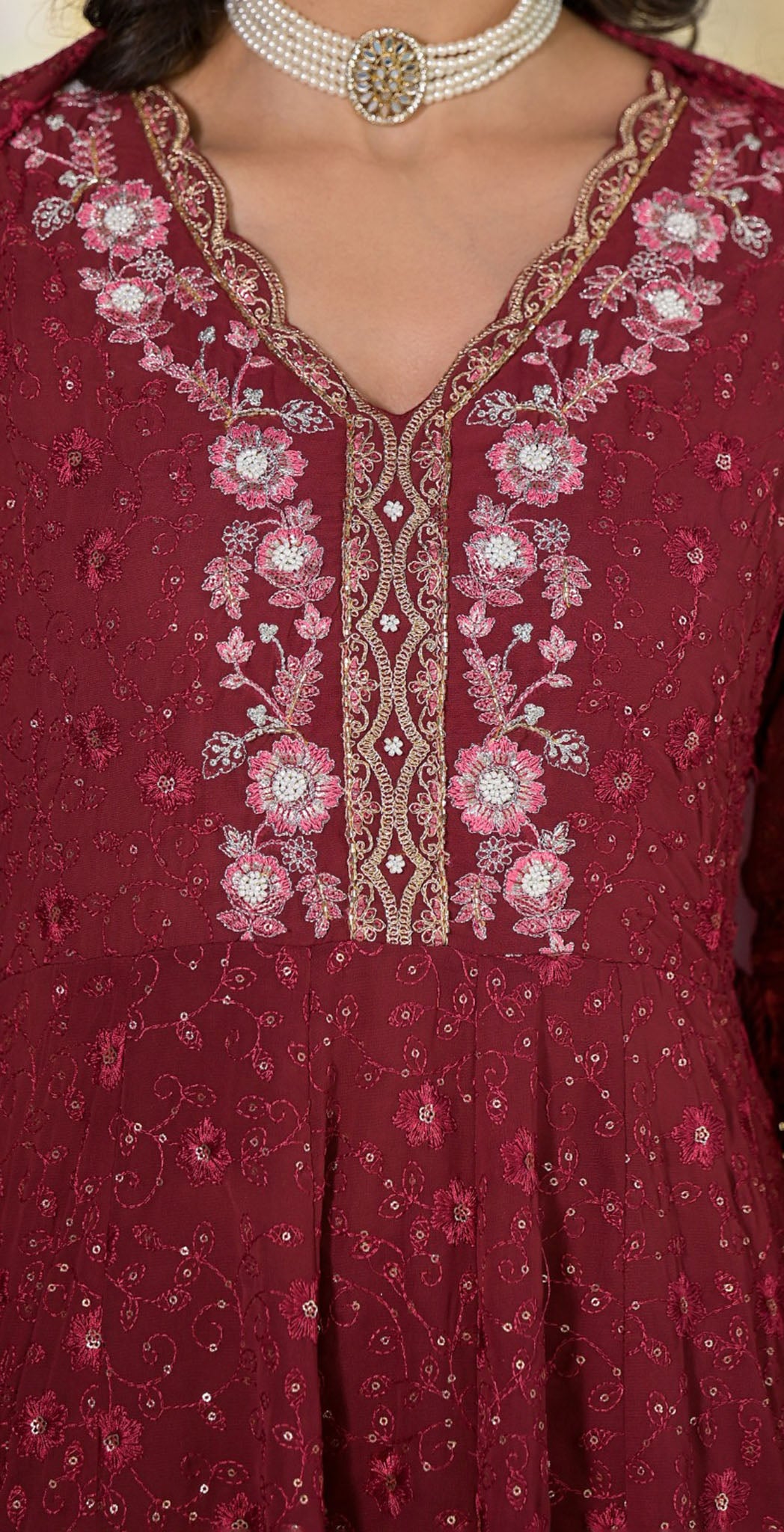 Vintage maroon georgette embroidered anarkali set