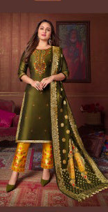 Women Bemberg Silk Fabric with Heavy Handwork and Jacquard Lace semi stitched salwar set