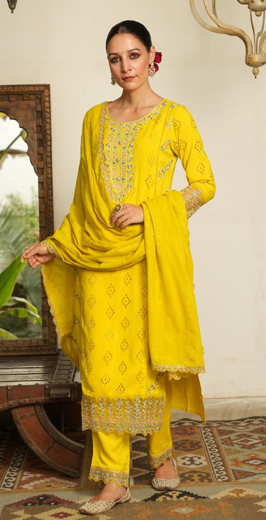 Mustard yellow Rayon schiffli embroidered salwar set