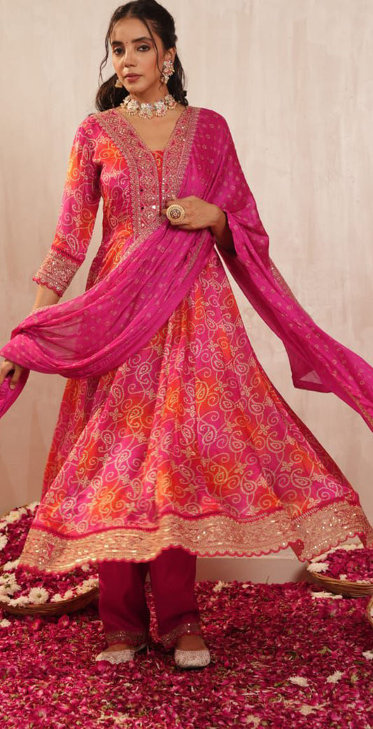 Orange and pink Chinon printed and embroidered semi anarkali set