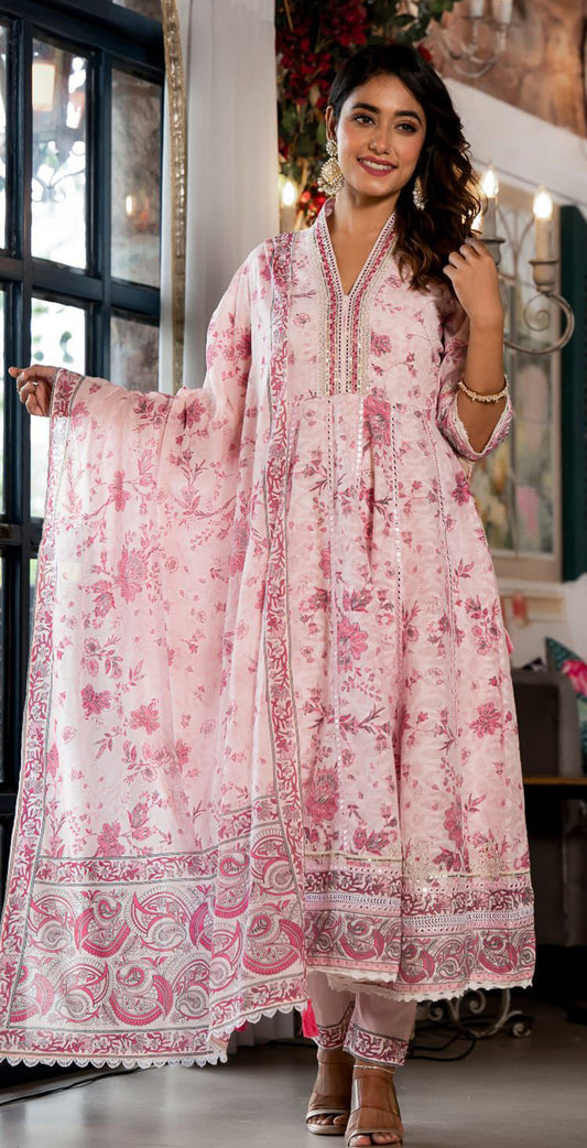 Light pink cotton printed and embroidered anarkali set