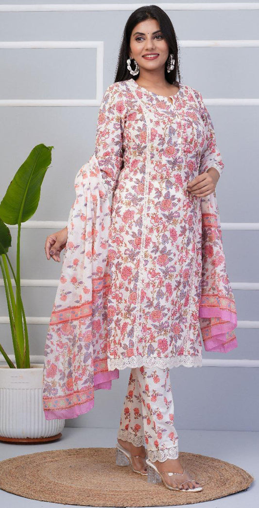 Off white and pink cotton printed salwar set