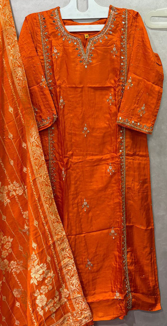 Orange dola silk hand embroidered salwar set